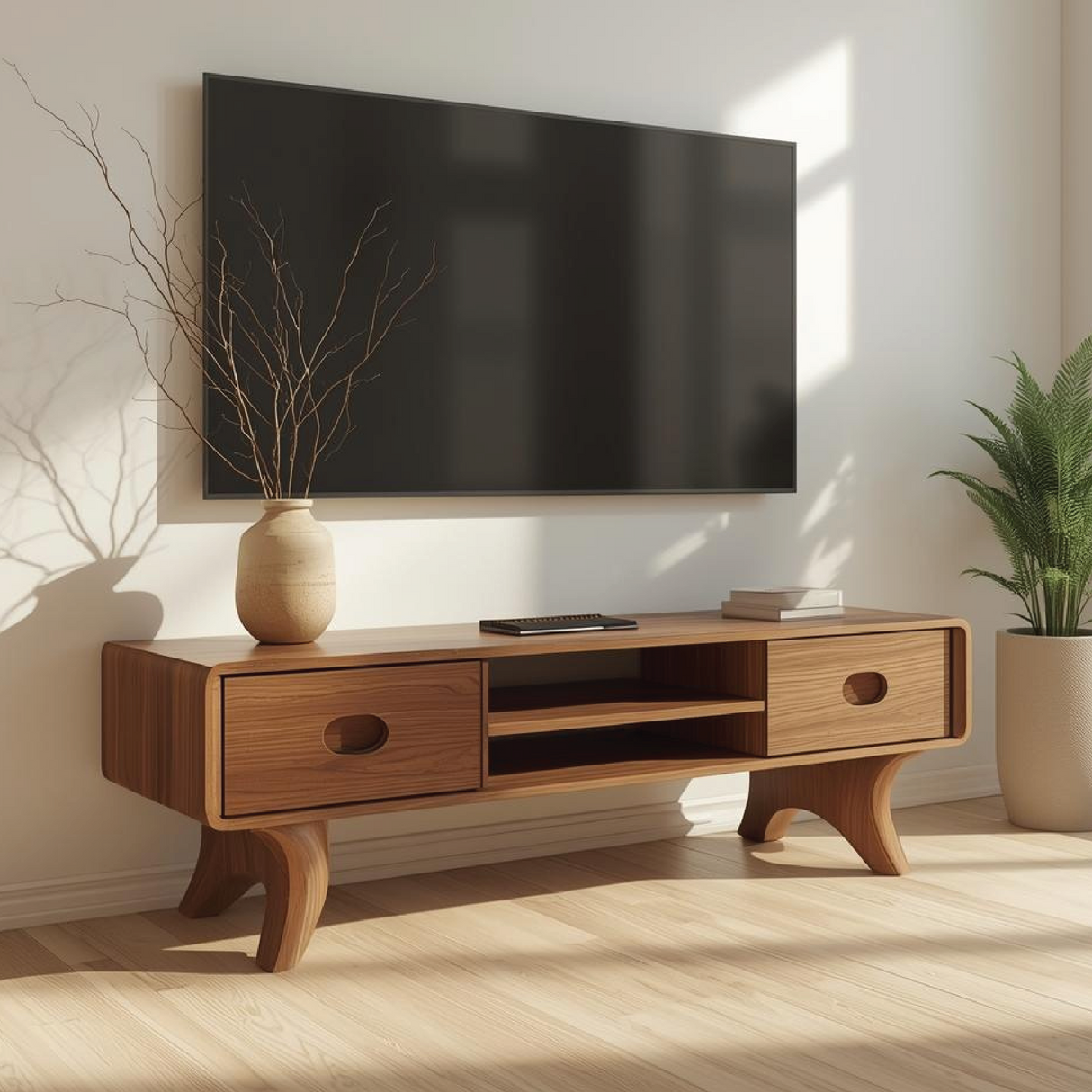 Handcrafted Solid Wood TV Stand with Rounded Edges and Retro Legs in Natural Walnut Finish