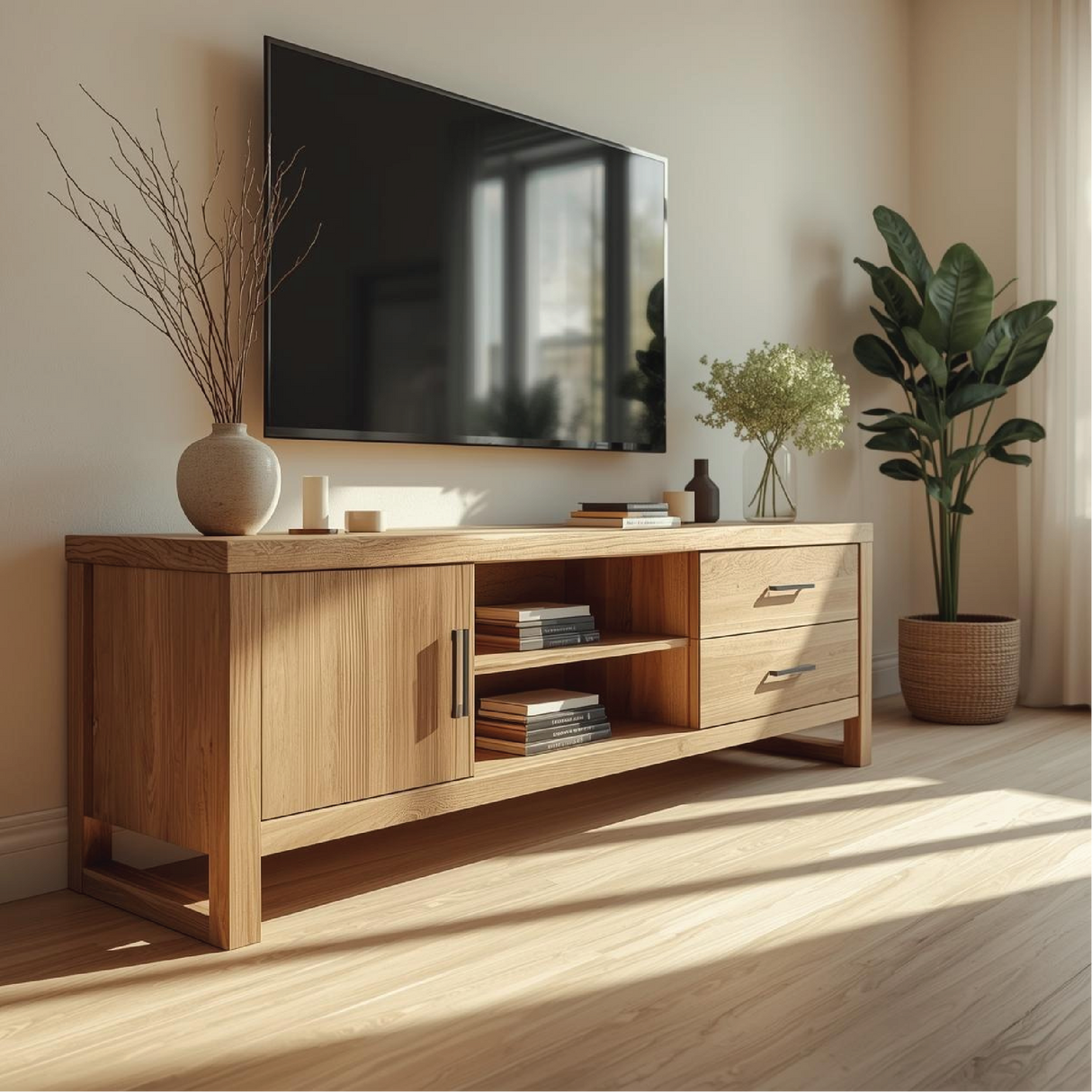 Handcrafted Solid Wood TV Stand with Drawers and Shelves in Natural Oak Finish for Living Room