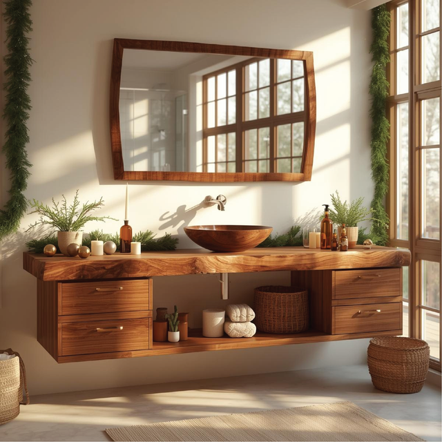 Handcrafted Solid Wood Floating Bathroom Vanity with Drawers and Natural Live Edge Countertop