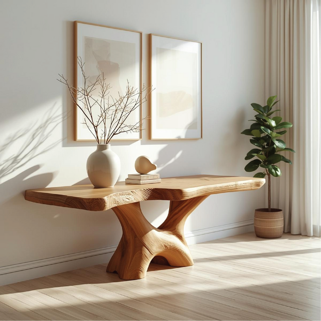 Handcrafted Solid Wood Console Table with Sculptural Base and Natural Grain Live Edge Design
