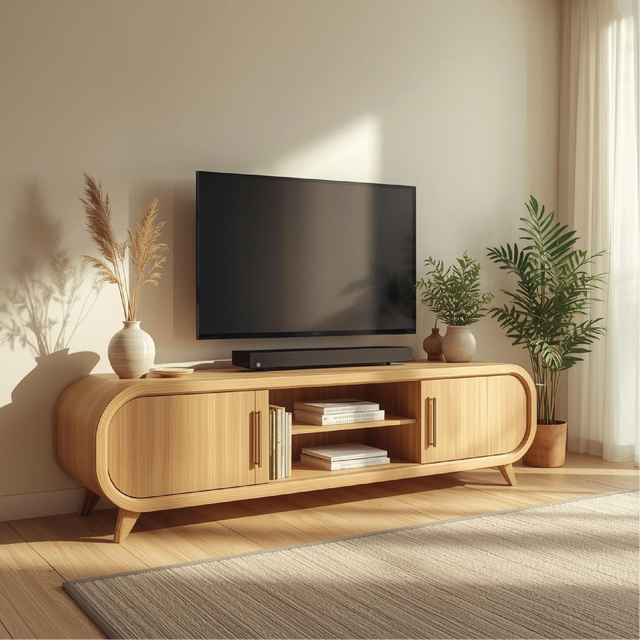 Handcrafted Solid Wood TV Stand with Rounded Edges and Smooth Natural Finish for Modern Living