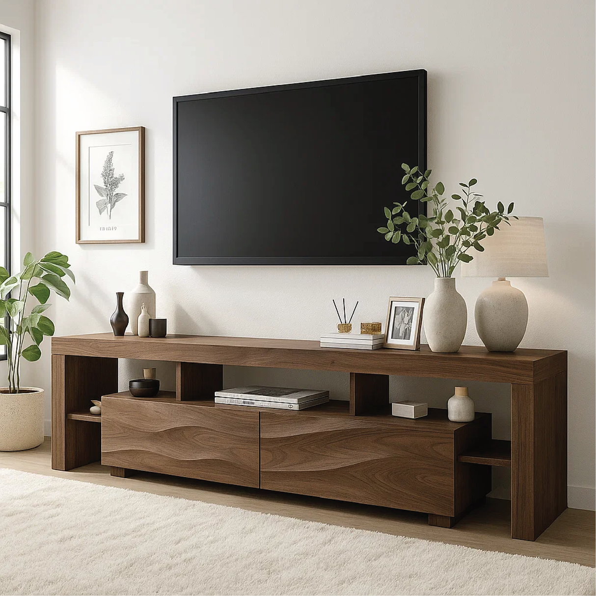 Handcrafted Solid Wood TV Stand – Modern Double-Layer Media Console with Wavy Drawer Design