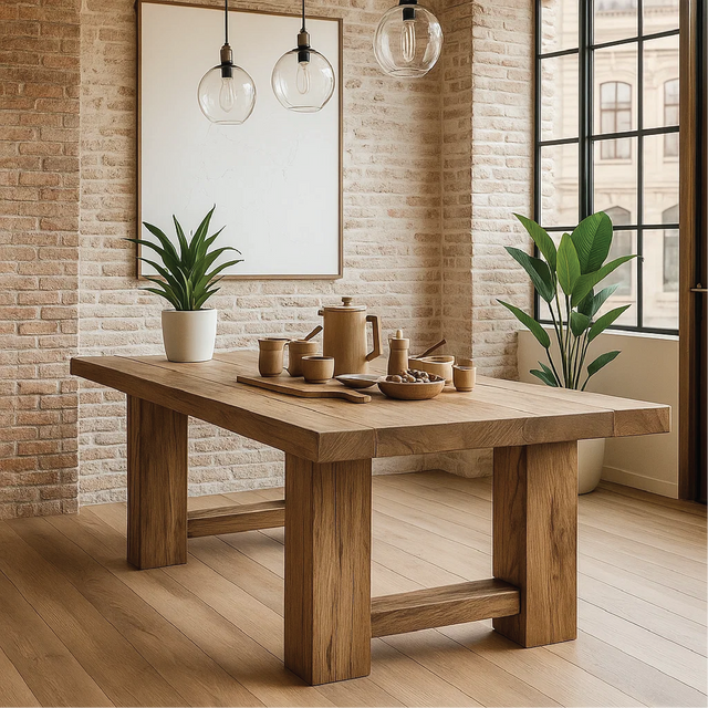 Handcrafted Solid Oak Dining Table – Minimalist Live Edge Kitchen Table with Natural Finish