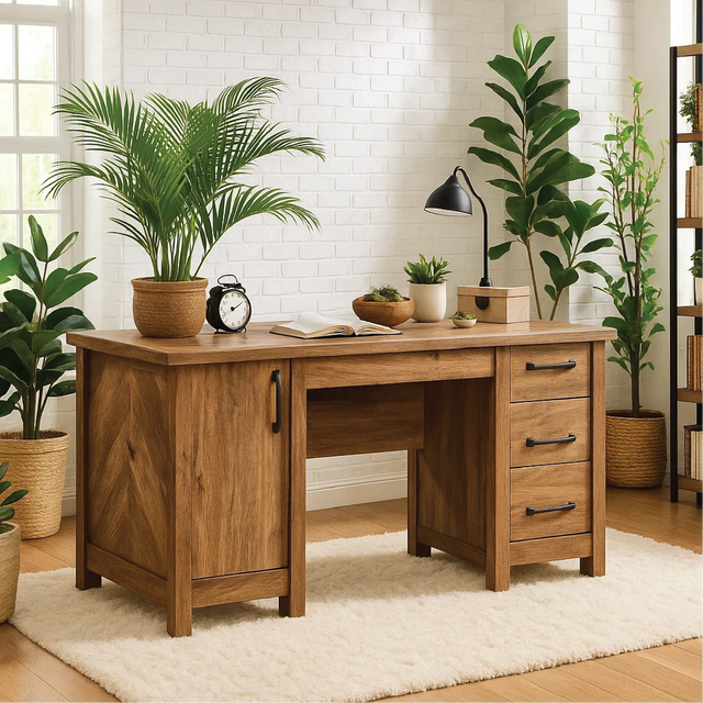 Handcrafted Solid Wood Office Desk – Rustic Work Table with Drawers and Natural Walnut Finish