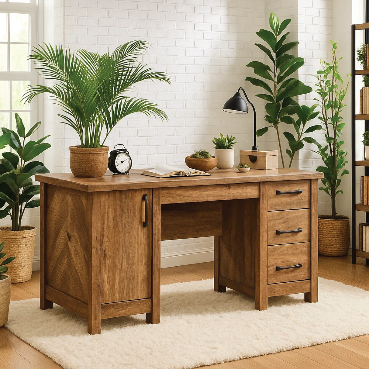 Handcrafted Solid Wood Office Desk – Rustic Work Table with Drawers and Natural Walnut Finish