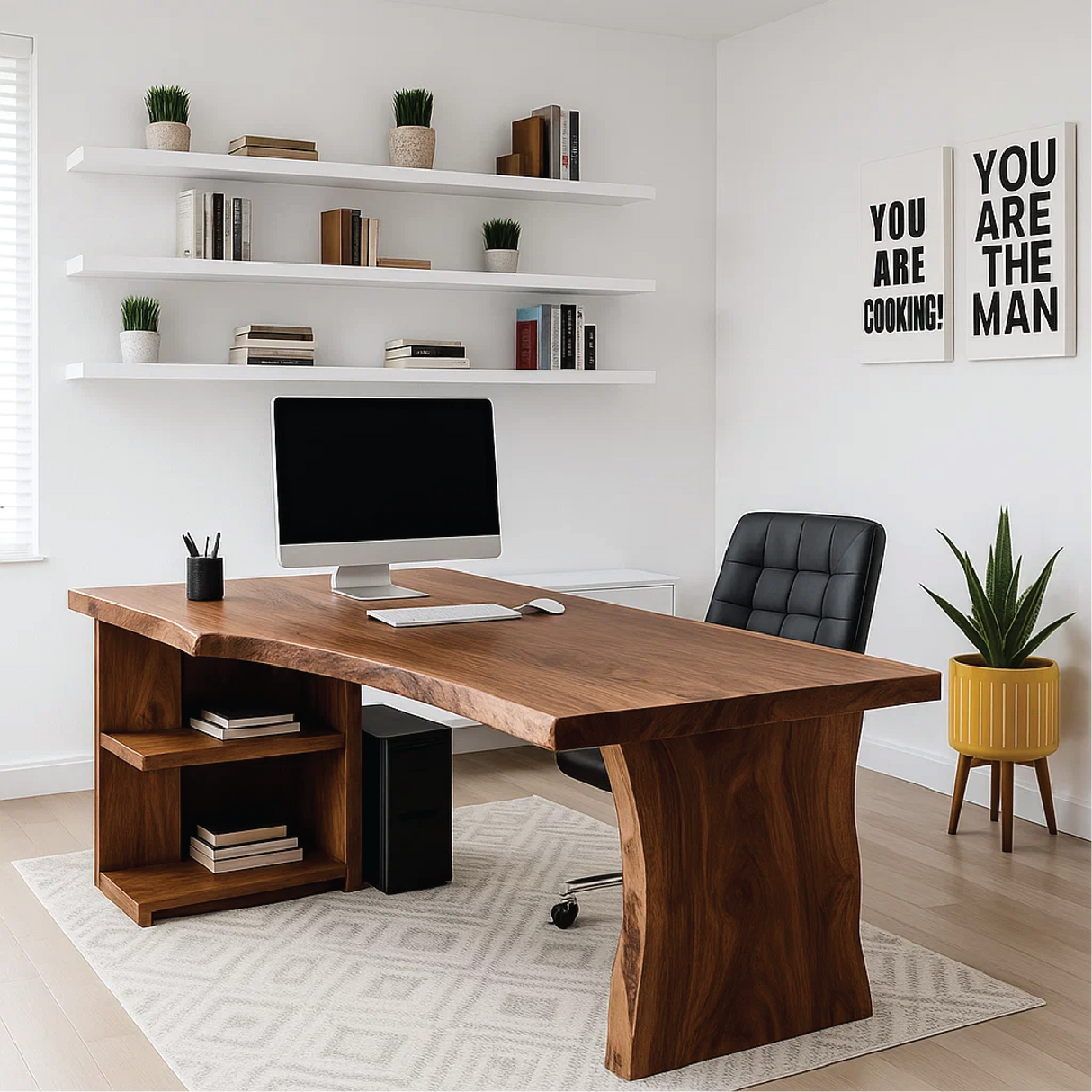 Handcrafted Solid Wood Office Desk – Live Edge Executive Work Table with Organic Curved Base Design