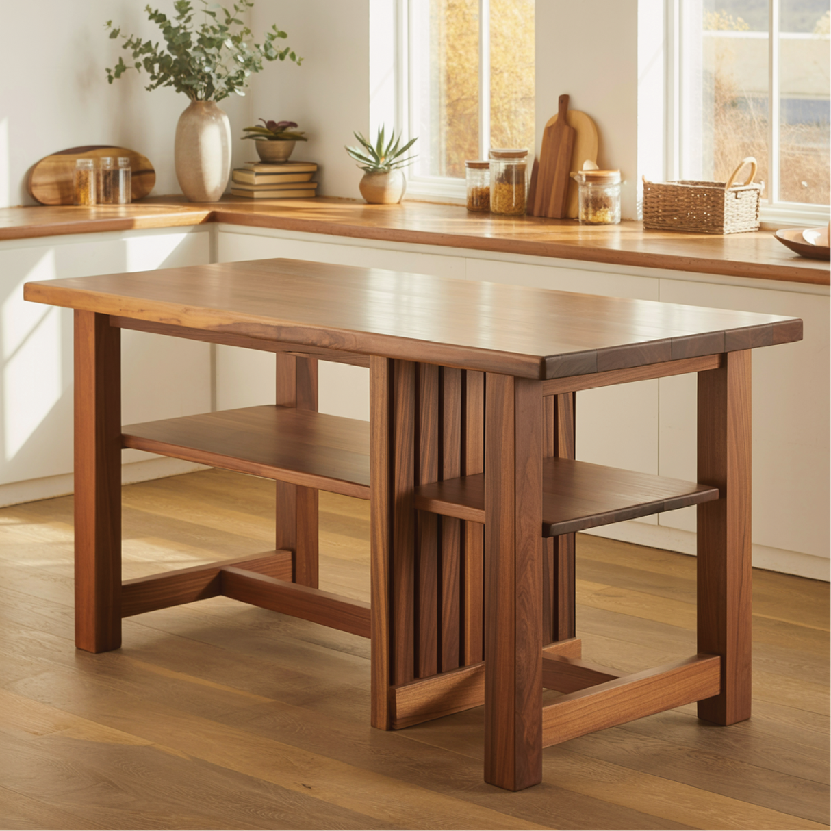 Handcrafted Solid Wood Dining Table with Open Storage Shelves for Modern Natural Kitchens