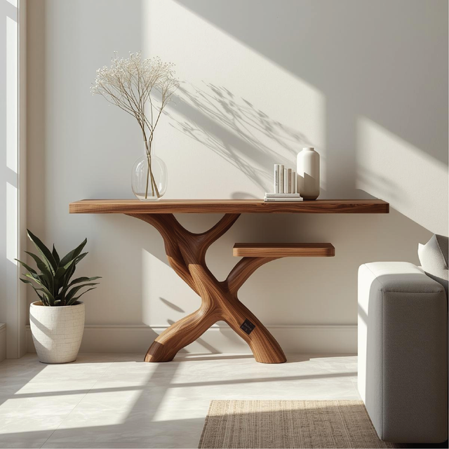 Handcrafted Solid Wood Console Table with Modern Branch-Inspired Base and Minimalist Design