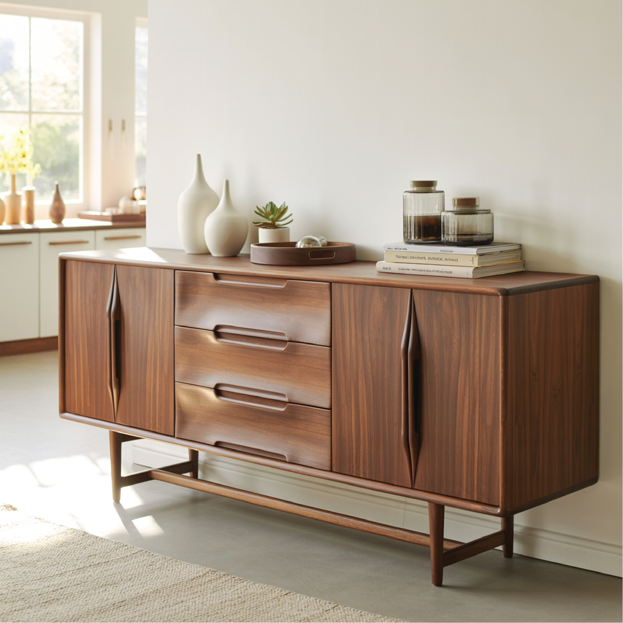 Handcrafted Solid Wood Dining Storage Sideboard with Sculpted Handles and Mid-Century Design