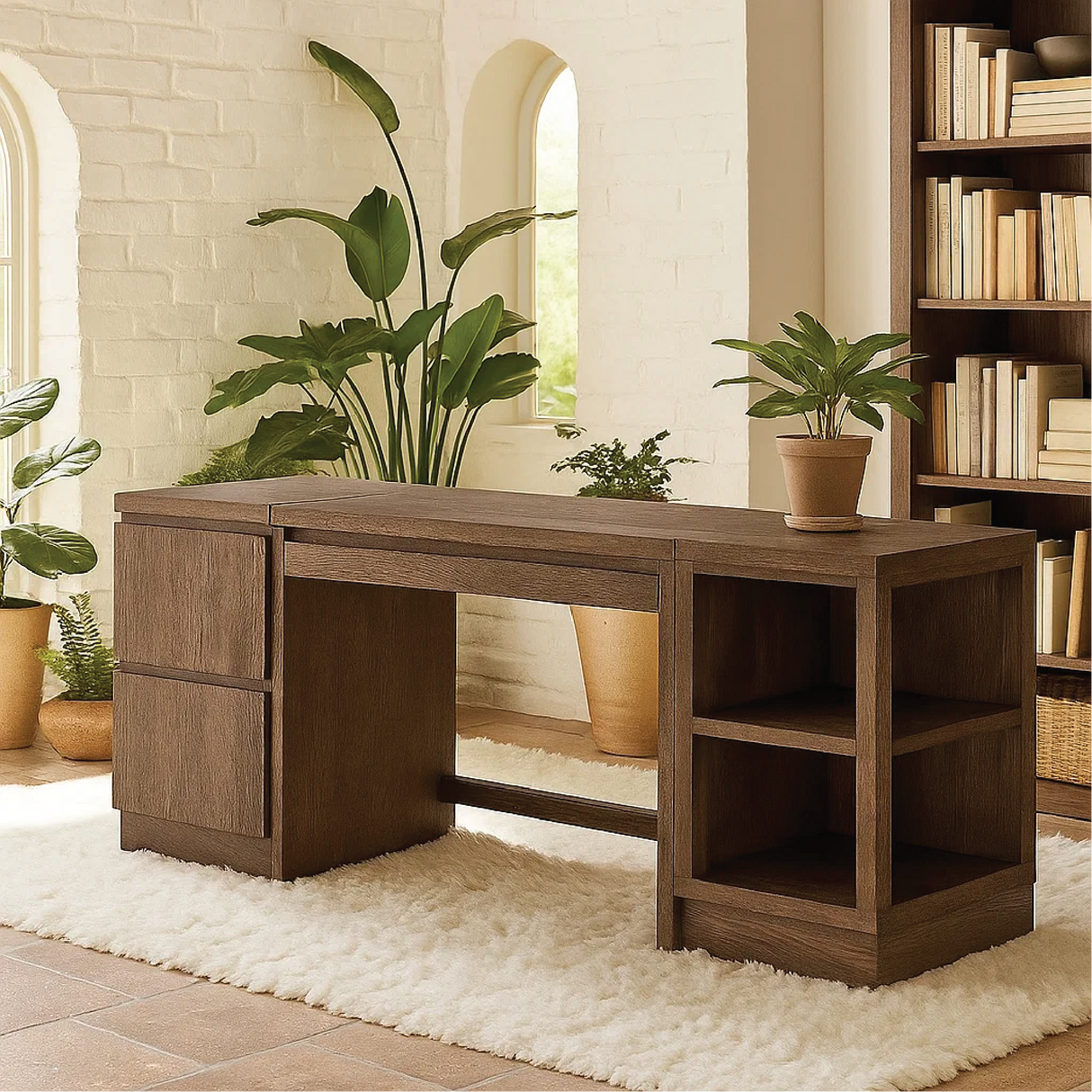 Handcrafted Solid Wood Work Desk – Modern Office Table with Storage Drawers and Open Shelves
