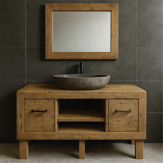 Modern Rustic Handcrafted Solid Wood Bathroom Vanity with Storage Drawers and Open Shelves