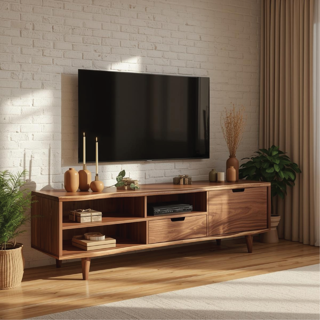 Handcrafted Solid Wood TV Stand with Mid-Century Modern Design and Open Storage Shelves