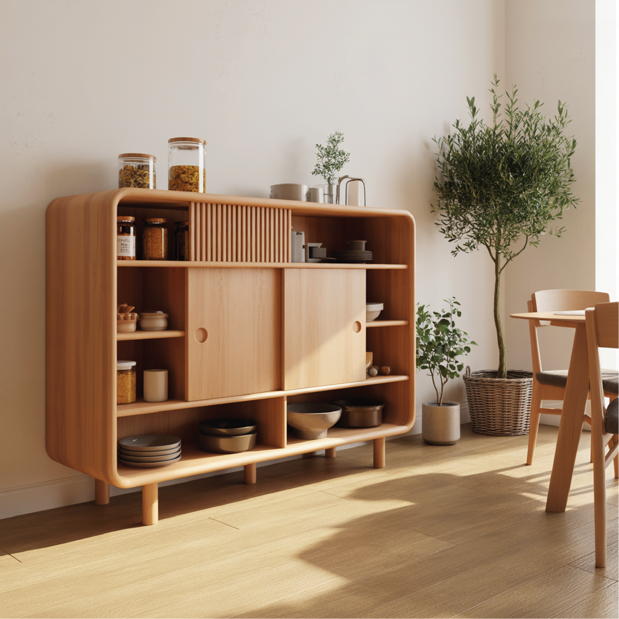 Solid Wood Console Table with Sliding Doors - Modern Storage Cabinet with Open Shelves