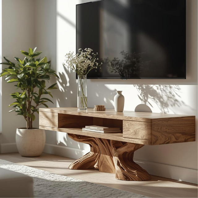 Handcrafted Solid Wood TV Stand with Artistic Sculpted Base and Natural Oak Grain Finish
