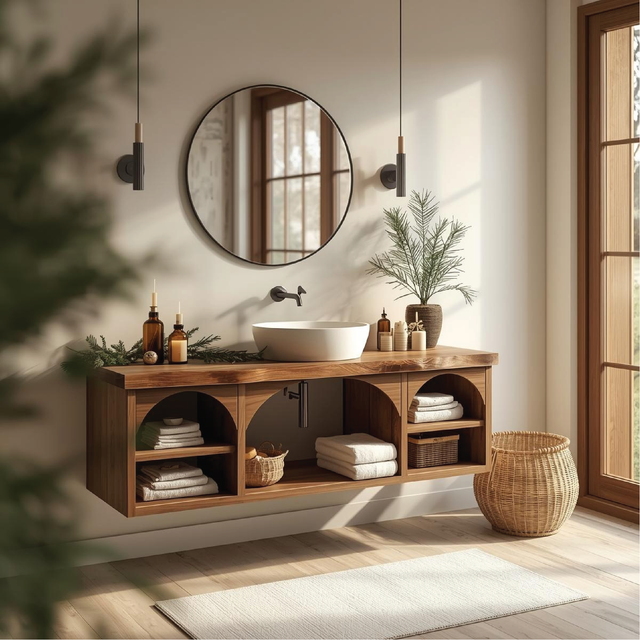 Handcrafted Solid Wood Floating Vanity with Arched Shelves and Natural Live Edge Design