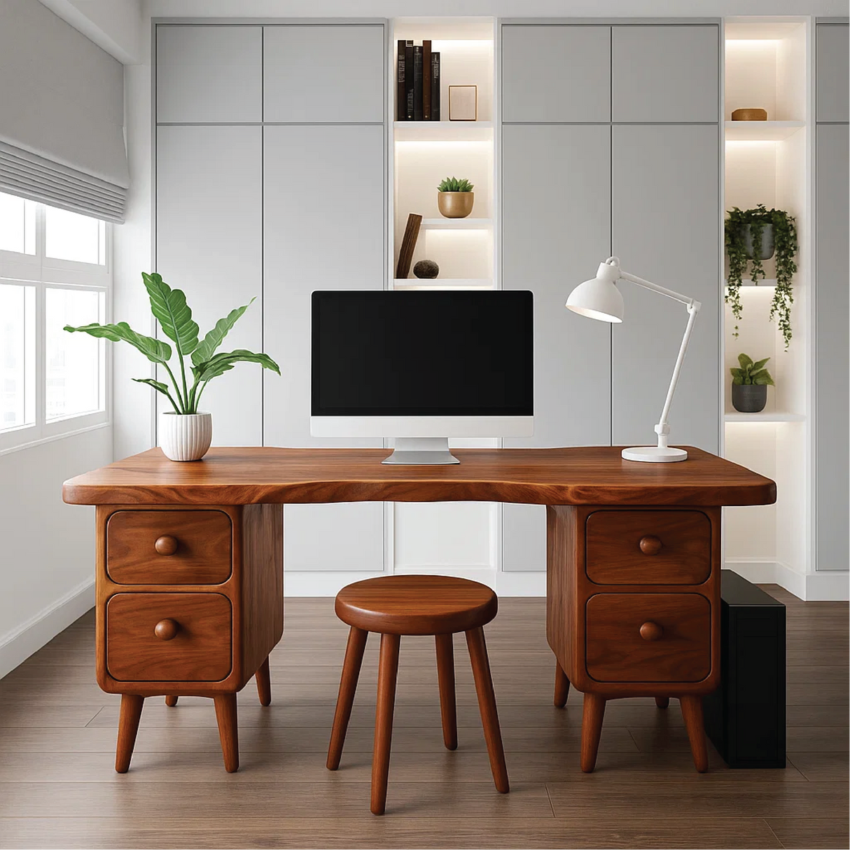 Handcrafted Solid Wood Office Desk – Mid-Century Modern Work Table with Curved Live Edge Design
