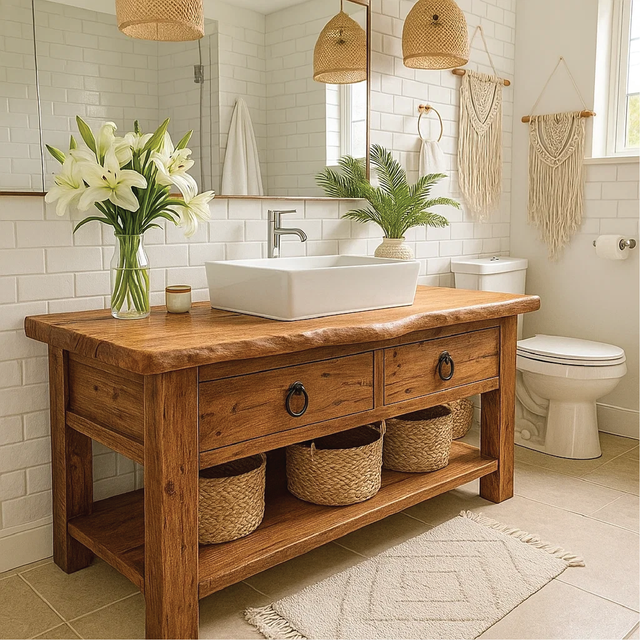 Handcrafted Solid Wood Bathroom Vanity with Drawers and Open Shelf in Natural Rustic Finish