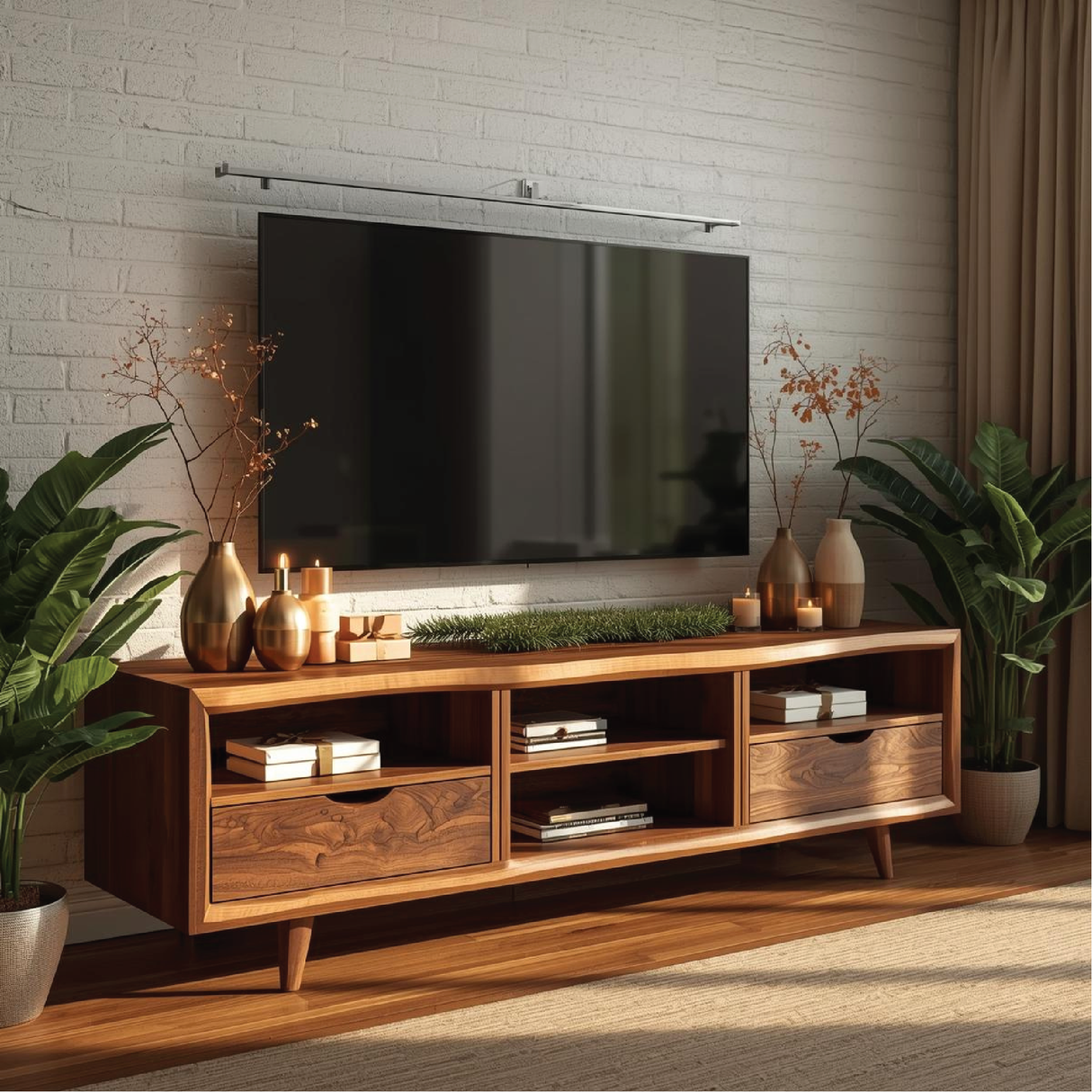 Handcrafted Solid Wood TV Stand with Mid-Century Modern Design and Natural Walnut Finish