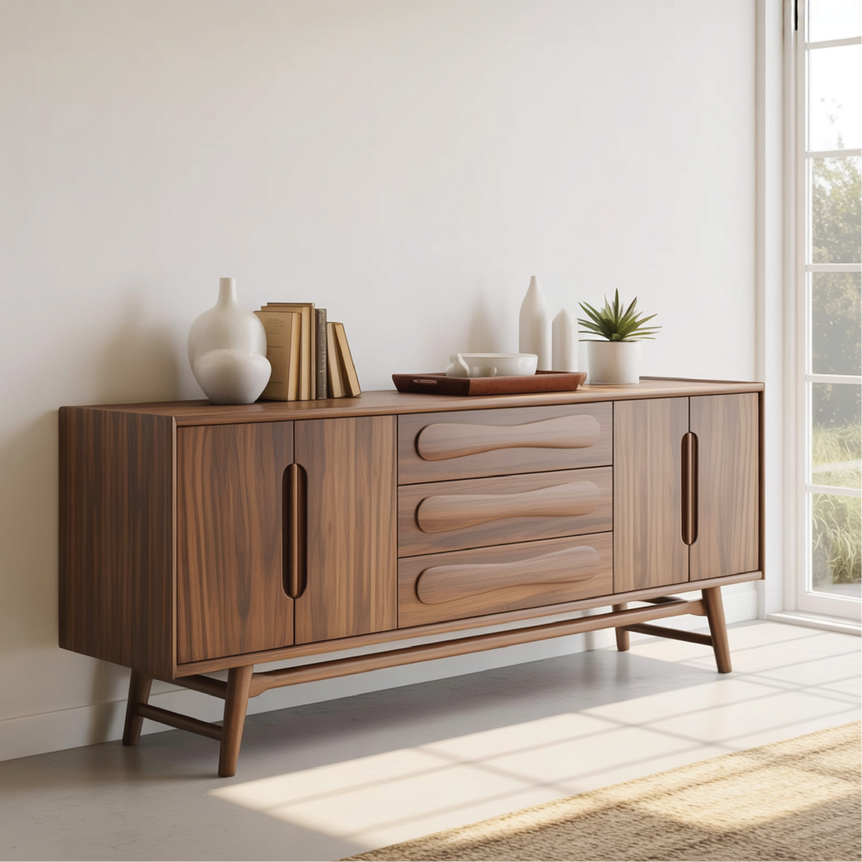Handcrafted Solid Wood Dining Storage Sideboard with Sculpted Wave Drawers and Modern Design