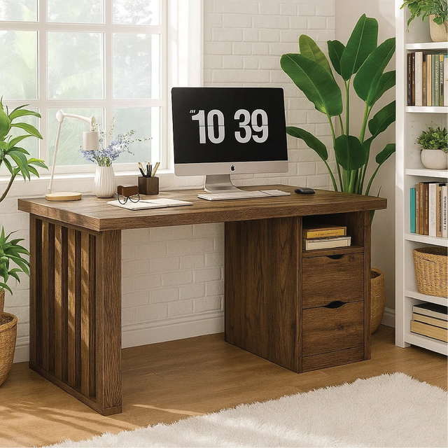 Handcrafted Solid Wood Work Desk – Modern Office Table with Storage Drawers and Natural Finish