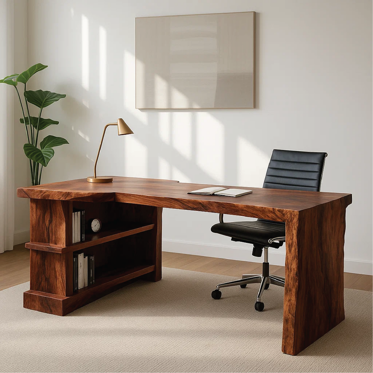 Handcrafted Solid Wood Executive Work Desk with Live-Edge Design and Built-In Open Shelving