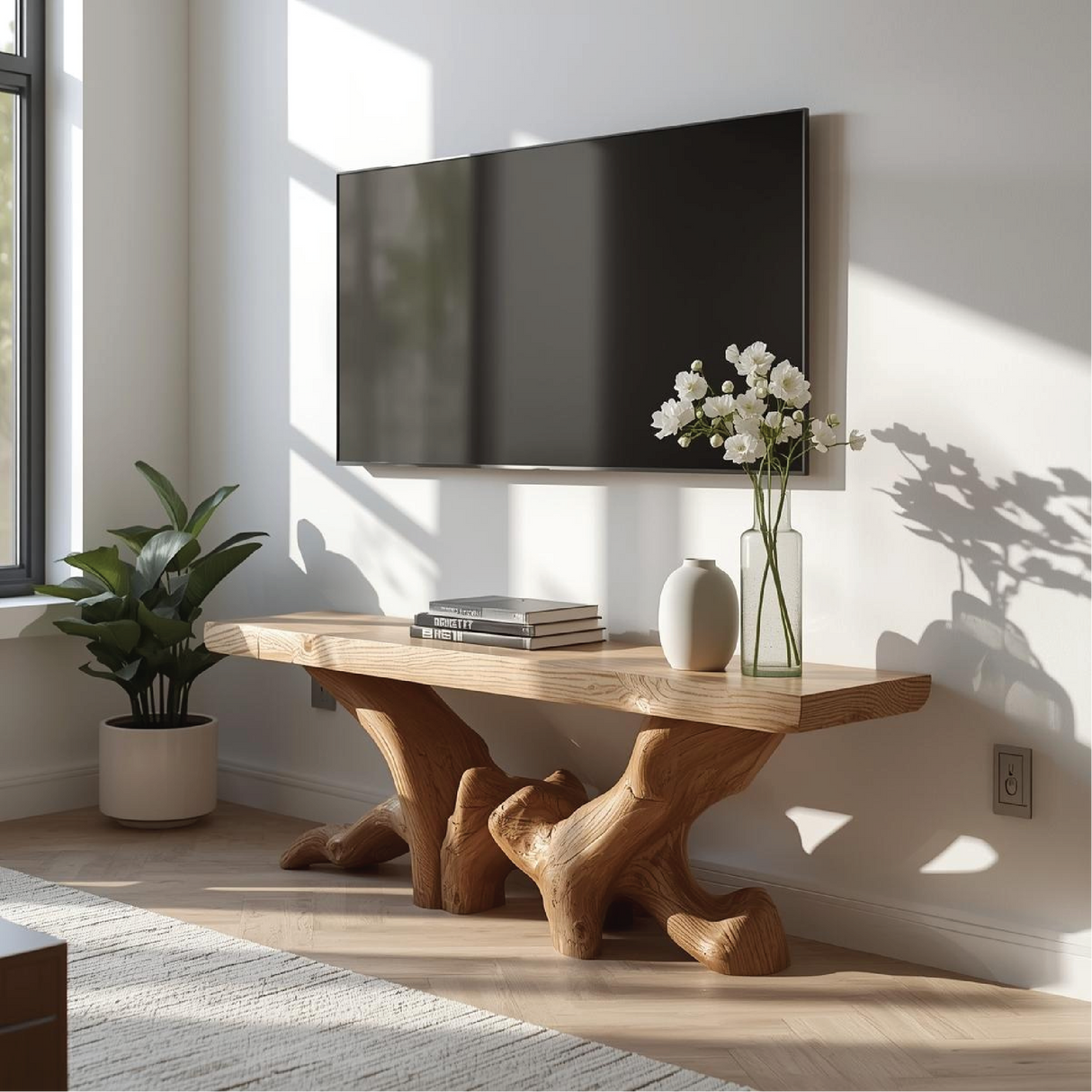 Handcrafted Solid Wood TV Stand with Organic Root Design and Natural Finish for Modern Interiors