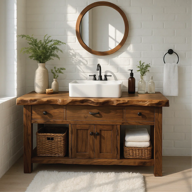 Handcrafted Solid Wood Vanity with Live Edge Top and Rustic Cabinet Storage Design