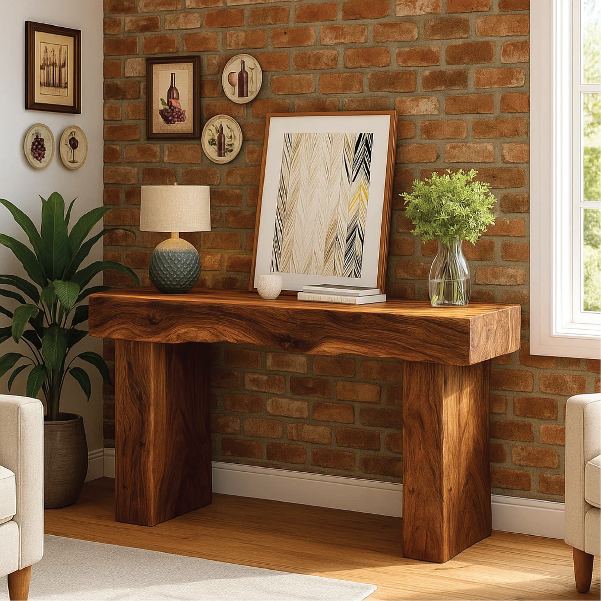 Handcrafted Solid Wood Console Table with Live Edge Modern Rustic Design for Home Decor