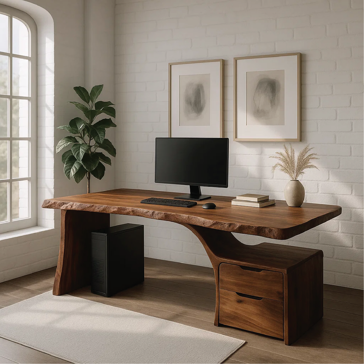 Handcrafted Solid Wood Work Desk – Live Edge Office Table with Organic Curved Base and Drawers