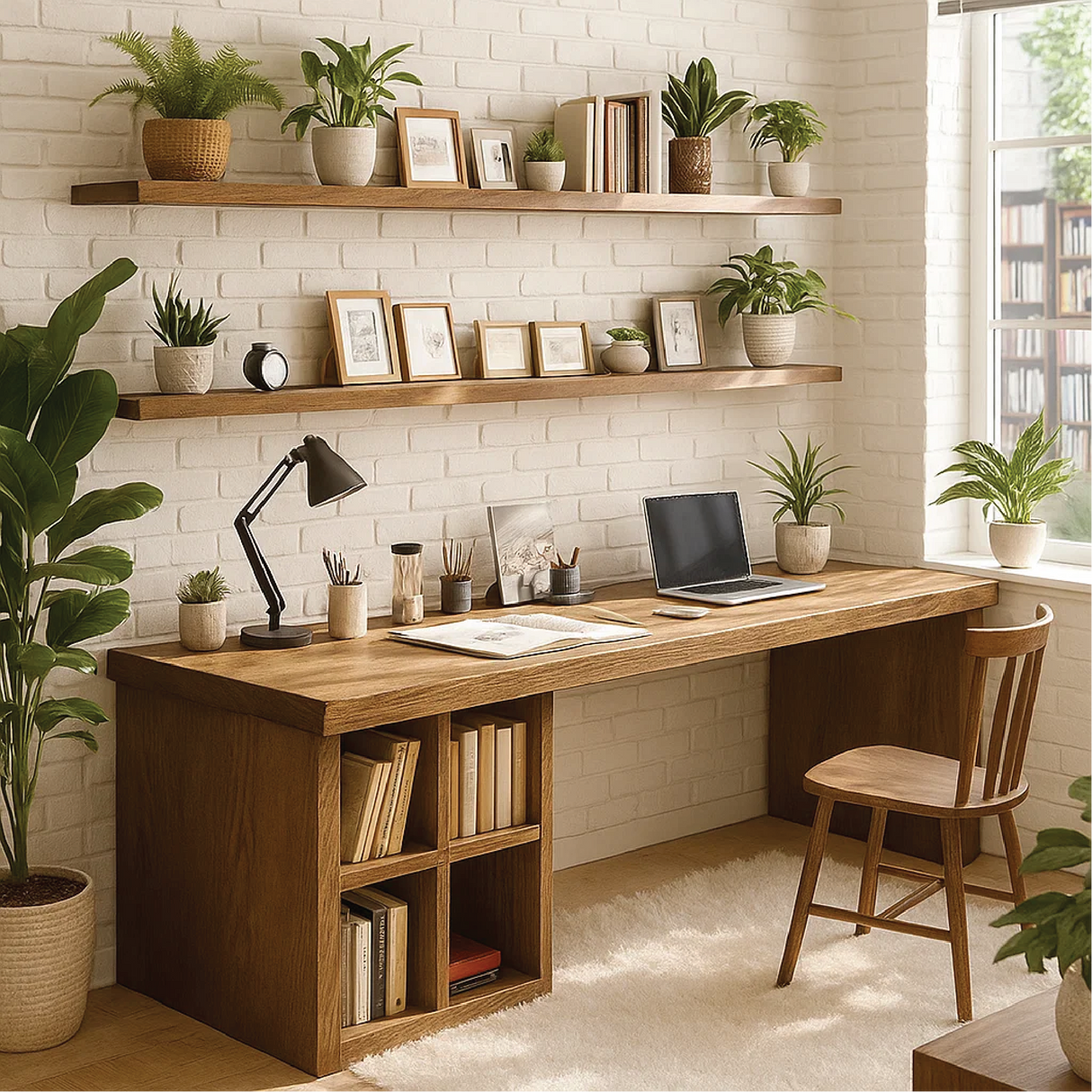 Handcrafted Solid Wood Work Desk – Long Home Office Table with Bookshelf and Natural Finish