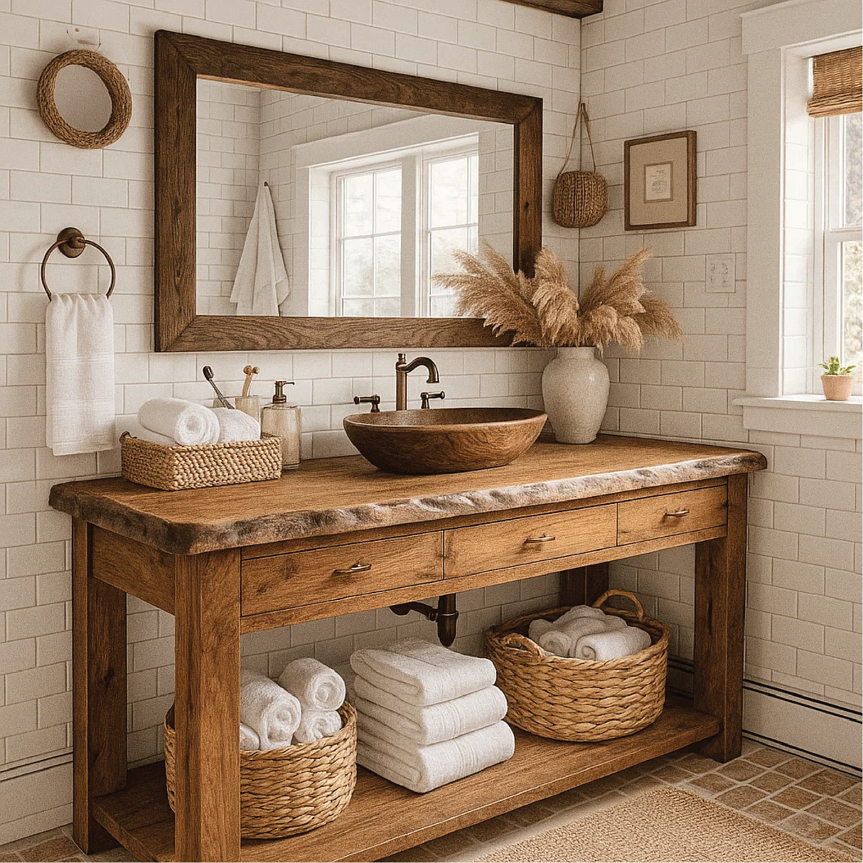 Rustic Handcrafted Solid Wood Bathroom Vanity with Live Edge Top and Natural Farmhouse Style
