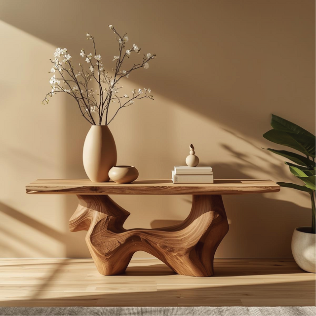 Handcrafted Solid Wood Console Table with Organic Curved Base and Natural Live Edge Design