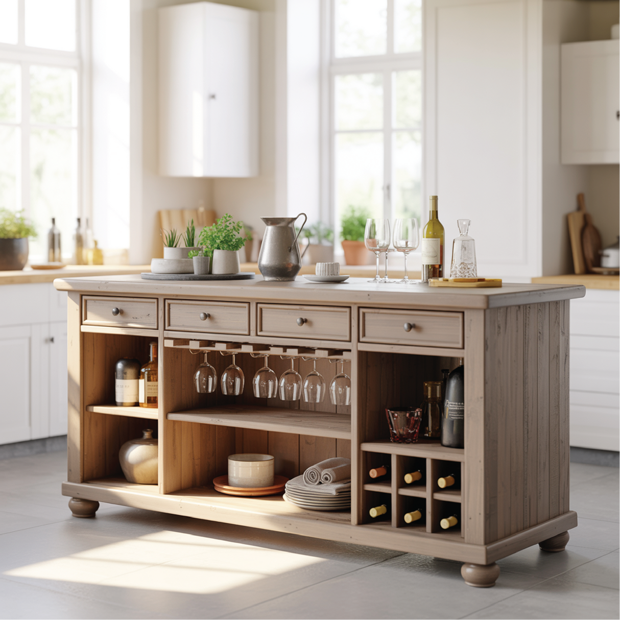 Handcrafted Solid Wood Kitchen Island with Wine Storage, Drawers, and Open Shelving