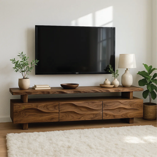 Handcrafted Solid Wood TV Stand – Modern Wavy Drawer Media Console with Double-Layer Design