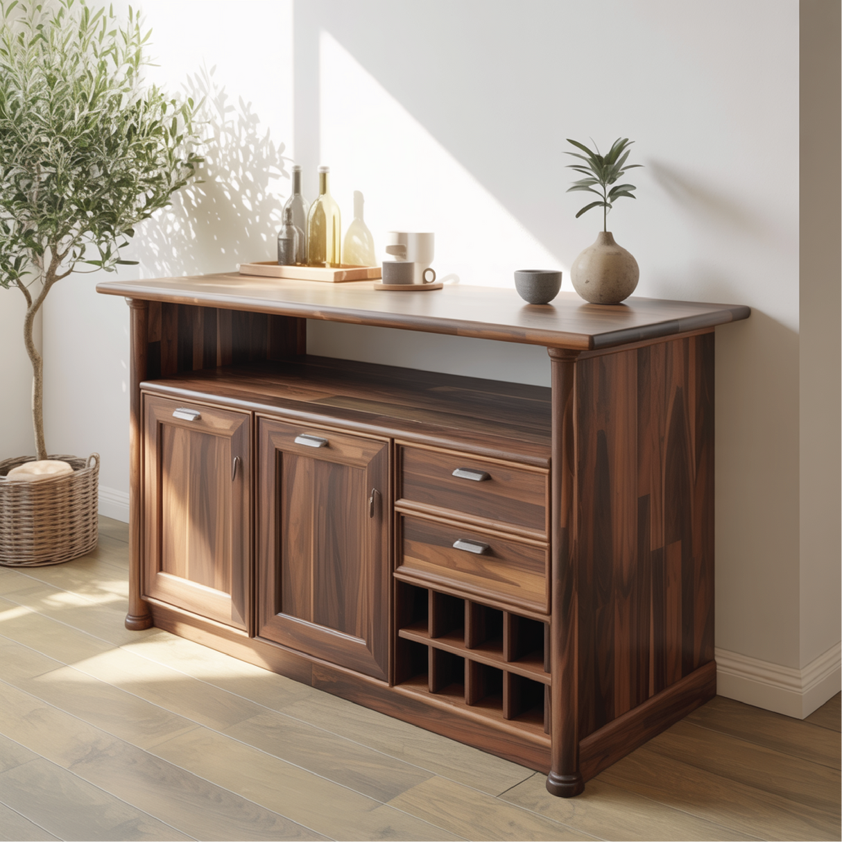 Solid Wood Console Table with Wine Storage – Handcrafted Sideboard for Dining Room