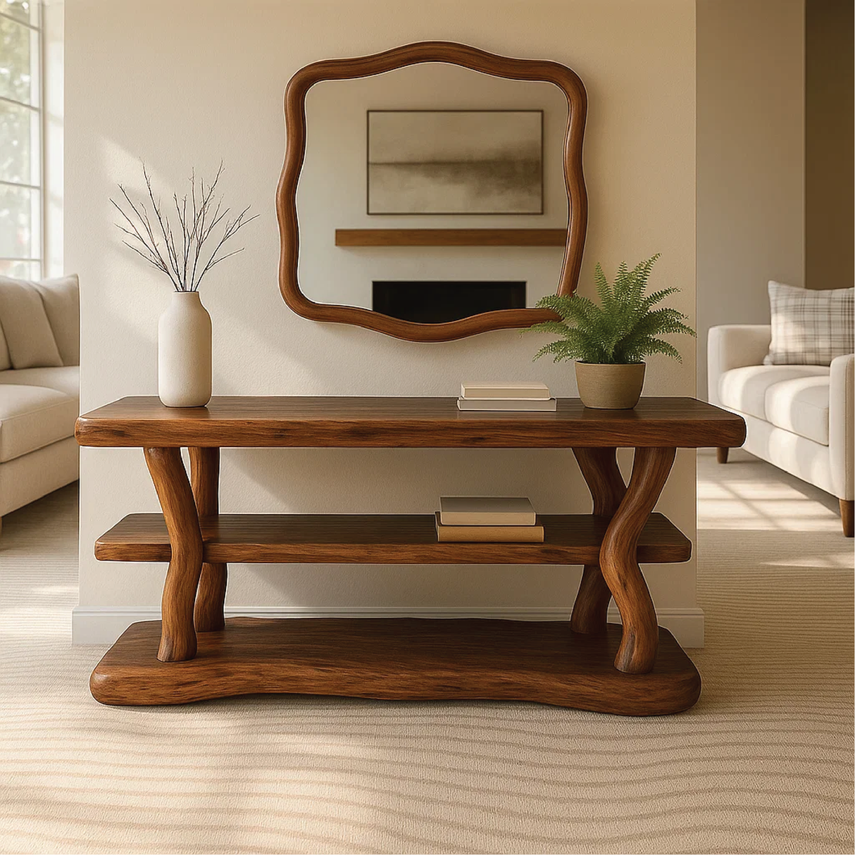Handcrafted Solid Wood Console Table with Organic Curved Legs and Natural Smooth Finish