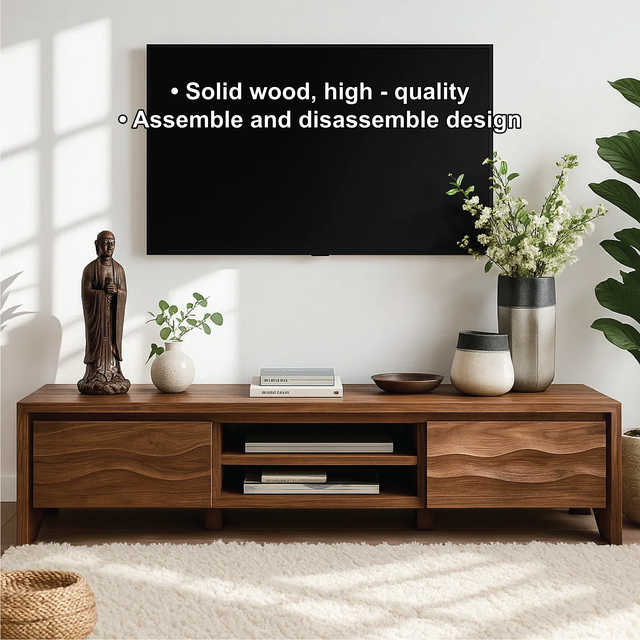 Handcrafted Solid Wood TV Stand – Modern Wavy Pattern Media Console for Living Room