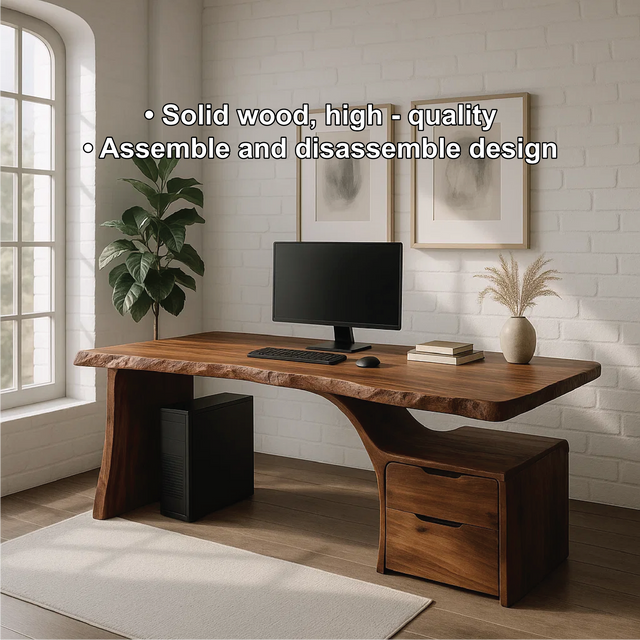 Handcrafted Solid Wood Work Desk – Live Edge Office Table with Organic Curved Base and Drawers