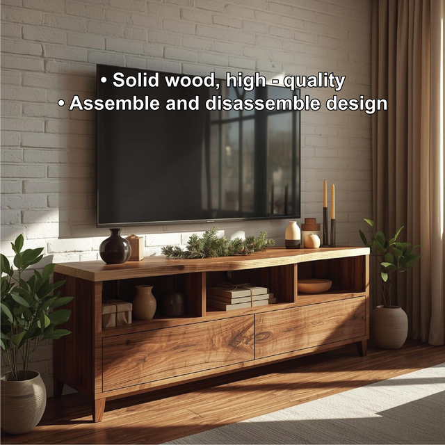 Handcrafted Solid Wood TV Stand with Natural Live Edge and Modern Open Storage Design