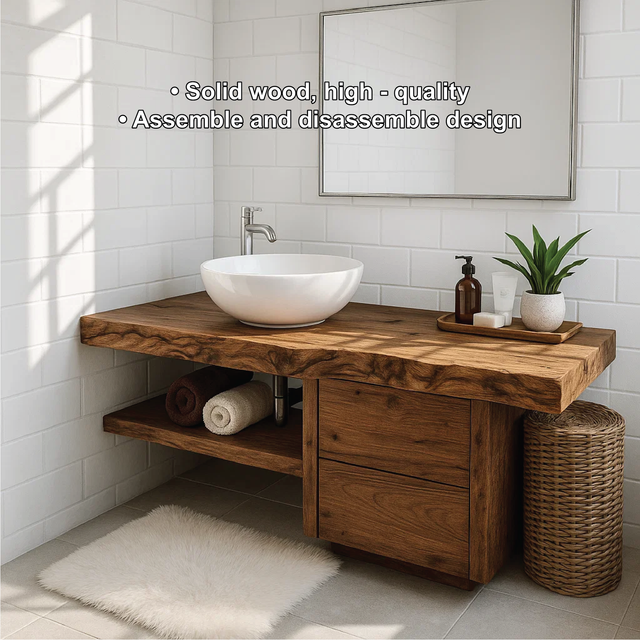 Handcrafted Solid Wood Bathroom Vanity with Live Edge Countertop and Modern Storage Design