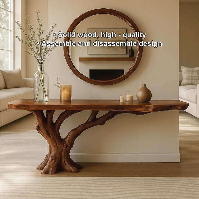 Handcrafted Solid Wood Console Table with Tree Trunk Base and Natural Live Edge Design