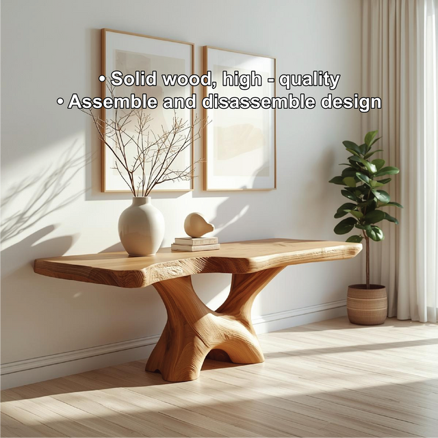 Handcrafted Solid Wood Console Table with Sculptural Base and Natural Grain Live Edge Design