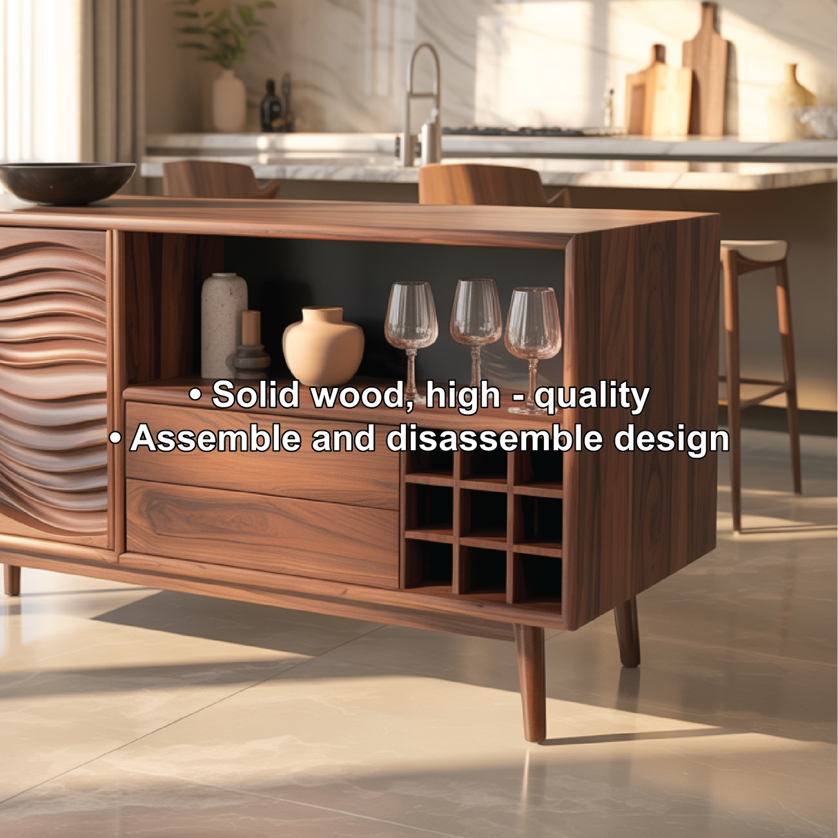 Handcrafted Solid Wood Dining Cabinet with Wave Carved Door, Open Display Shelf and Wine Storage