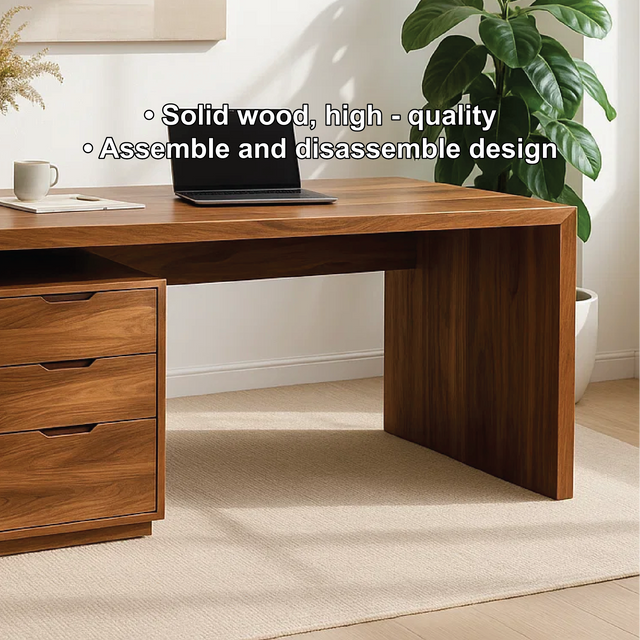 Handcrafted Solid Wood Work Desk – Minimalist Executive Office Table with 3-Drawer Storage