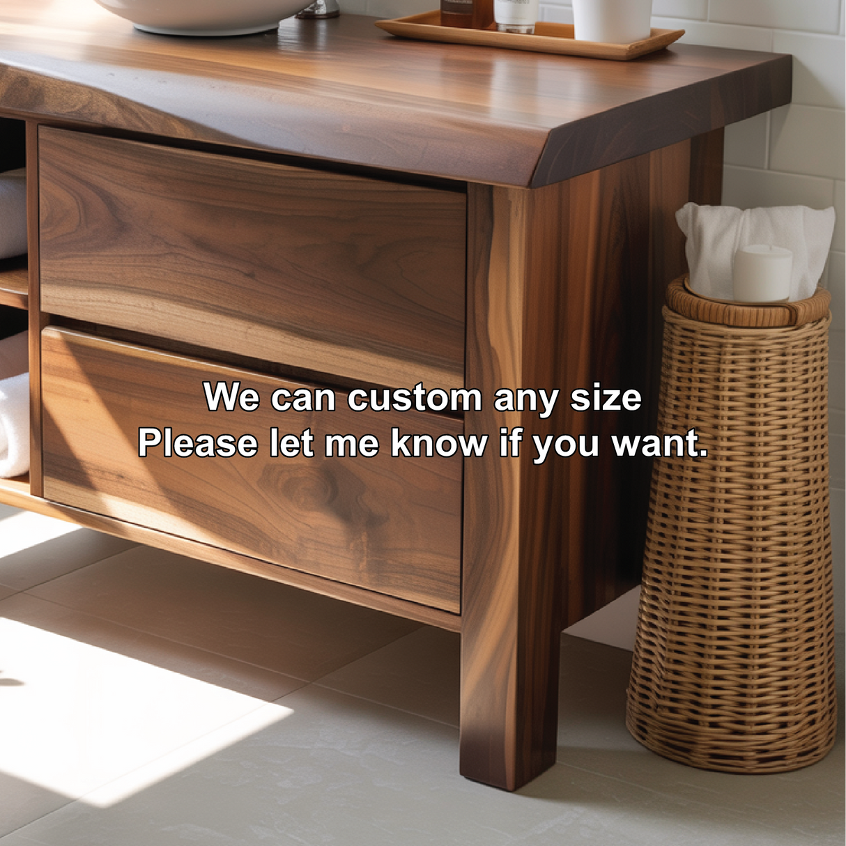 Handcrafted Solid Wood Bathroom Vanity with Live-Edge Countertop and Modern Open Shelf Storage