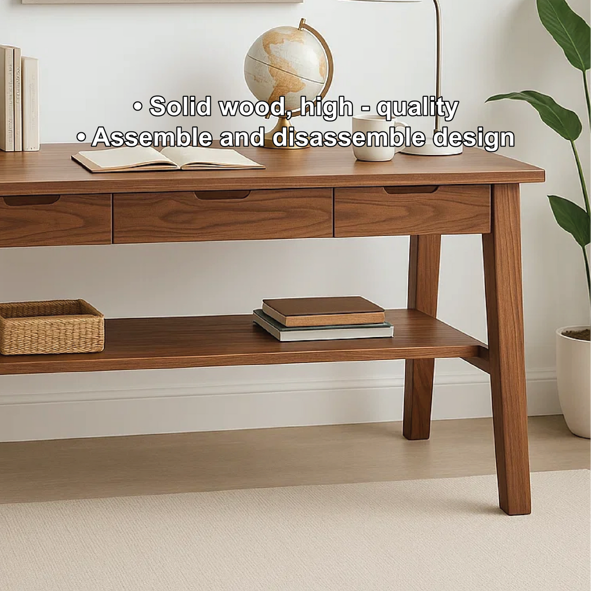 Handcrafted Solid Wood Writing Desk – Minimalist Work Table with Drawers and Open Shelf Design