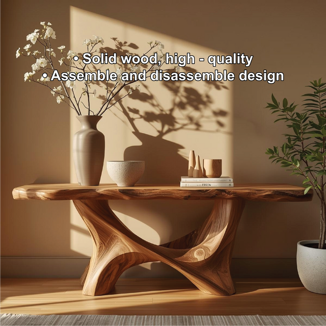 Handcrafted Solid Wood Console Table with Sculptural Organic Base and Live Edge Natural Finish