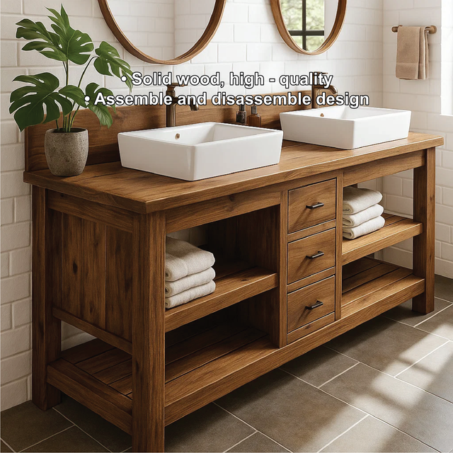 Handcrafted Double Bathroom Vanity in Solid Wood with Drawers and Open Shelves for Modern Spaces