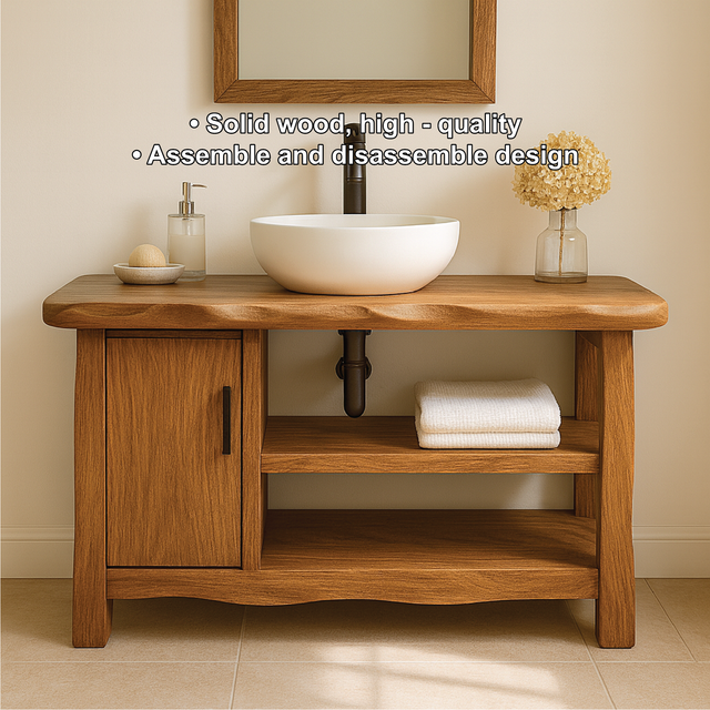 Handcrafted Solid Wood Bathroom Vanity with Cabinet and Open Shelves for Natural Minimal Interiors