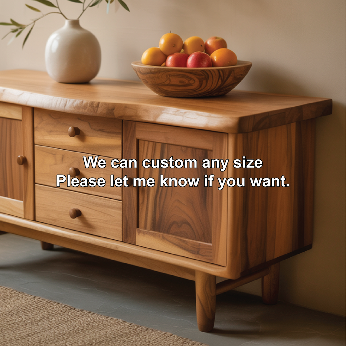 Handcrafted Solid Wood Dining Storage Cabinet with Live-Edge Top and Central Drawers